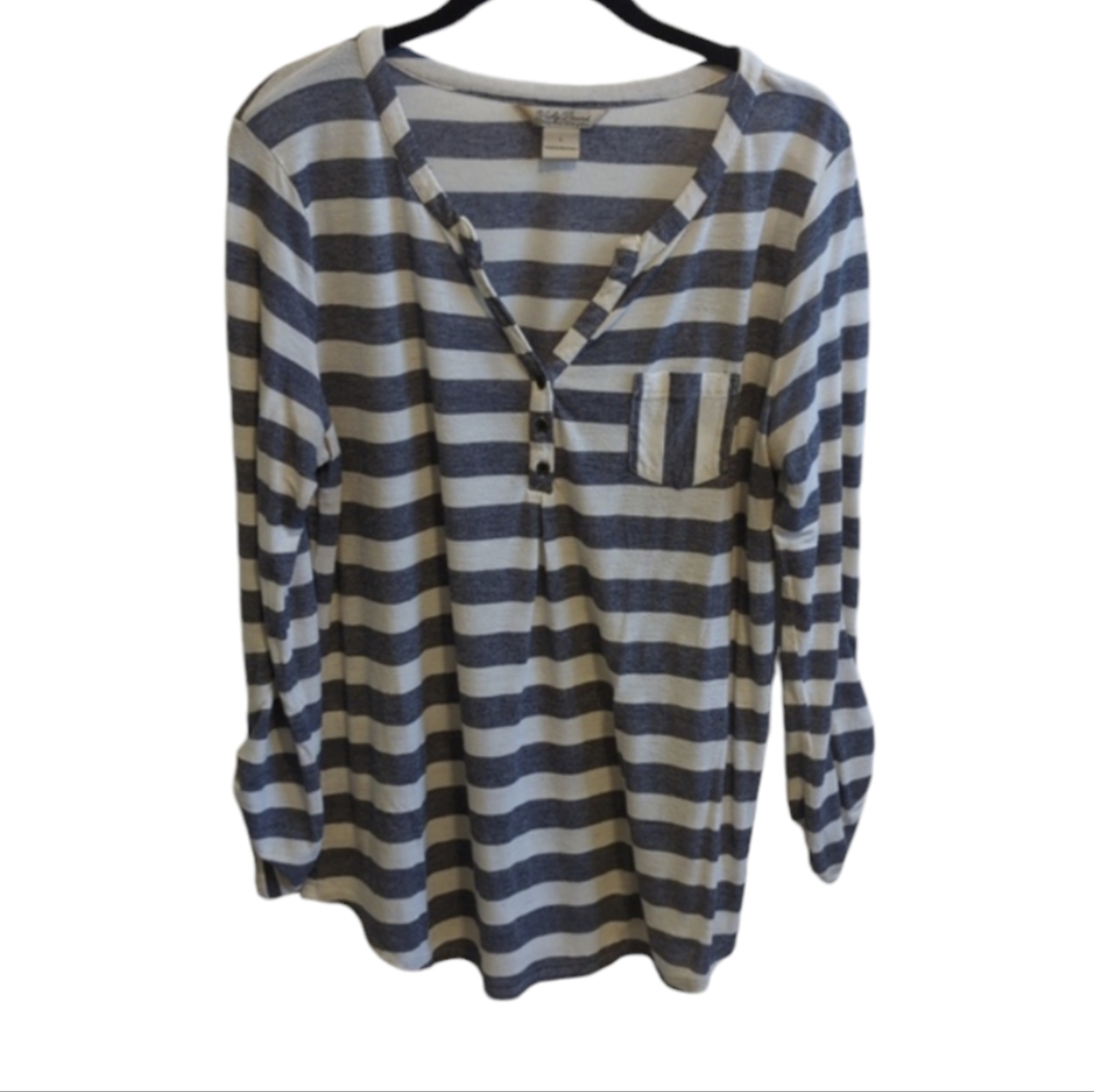 Lucky Brand Navy and Cream Striped 3/4 Roll Tab Sleeve Henley Size Large